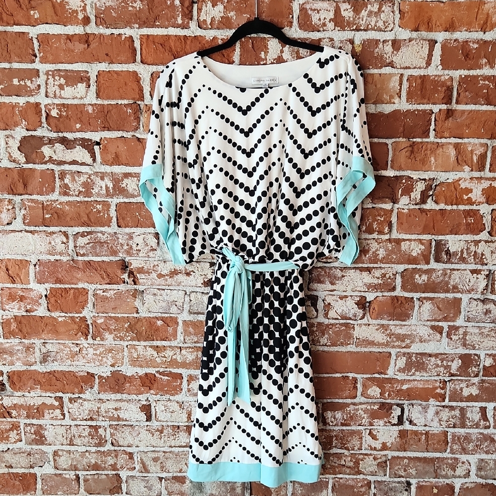 Sandra Darren Black and White Polka Dot Midi Dress with Aqua Trim